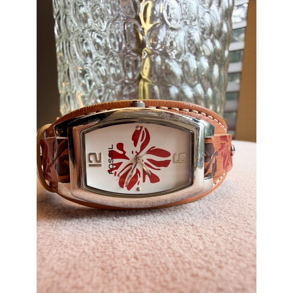 Fossil Quartz Watch JR-8180 Brown Leather Cuff Flowers Hawaii Habiscus